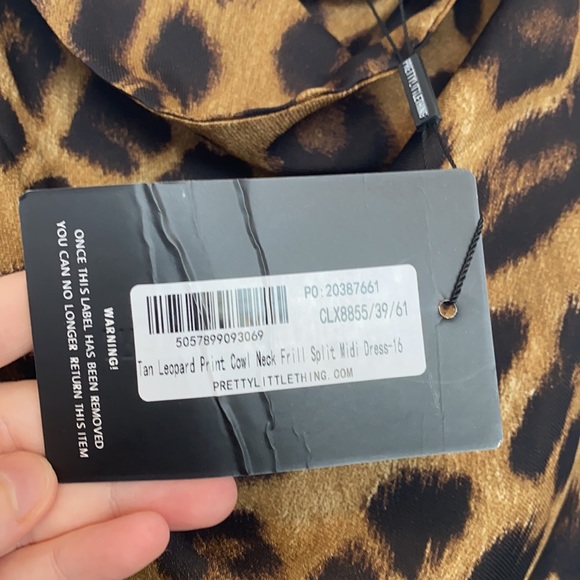 NEW PLT Tan Leopard-Print Cowl Neck Frill Split Midi Dress size 16 - Picture 5 of 10